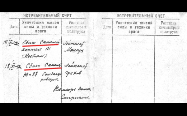 Запись  в снайперской книжке Етобаева, подтверждающая, что два сбитых  из винтовки самолета —  не легенда